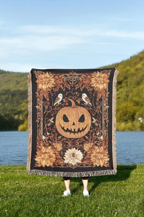 Halloween Pumpkin Tapestry Blanket A Jacquard Woven Throw With Jack-o'-Lantern